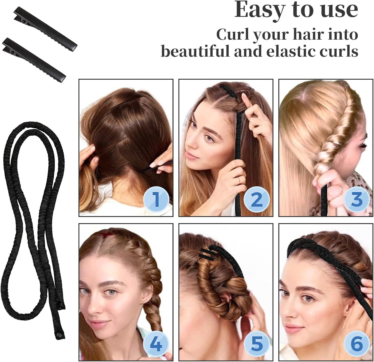 Heatless Curls Band, Heat-Free Curlers Black, Heatless Curling Rods Headband, with Silk Hood and Hairpin, Curls Headband for Long Hair, Short Hair, Black image number 5