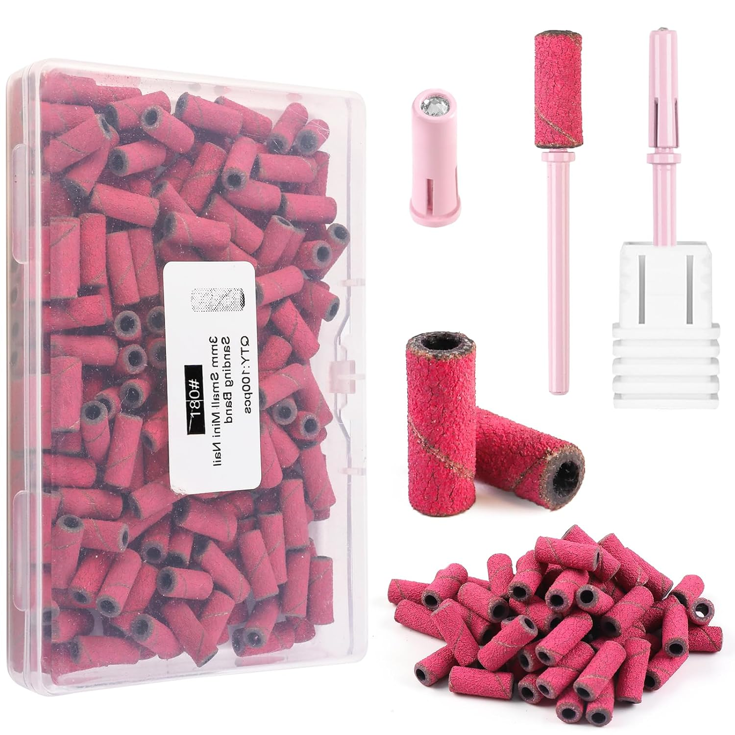 Heemeei Small Sanding Bands for Nail Drill, 100Pcs Mini Sanding Bands 180 Medium Grits with Upgrade Design 3.1Mm Mandrel Bits for Acrylic Nails Gel Manicures and Pedicure (Pink) image number 5