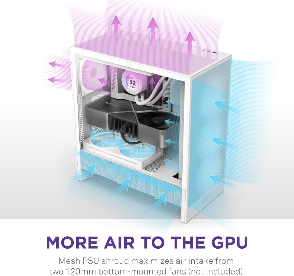 NZXT H5 Flow RGB 2024 - Compact ATX Mid-Tower PC Gaming Case - High Airflow - F360 RGB Core (CV) Included - 360Mm Front & 240Mm Top Radiator Support - Cable Management - Tempered Glass - White