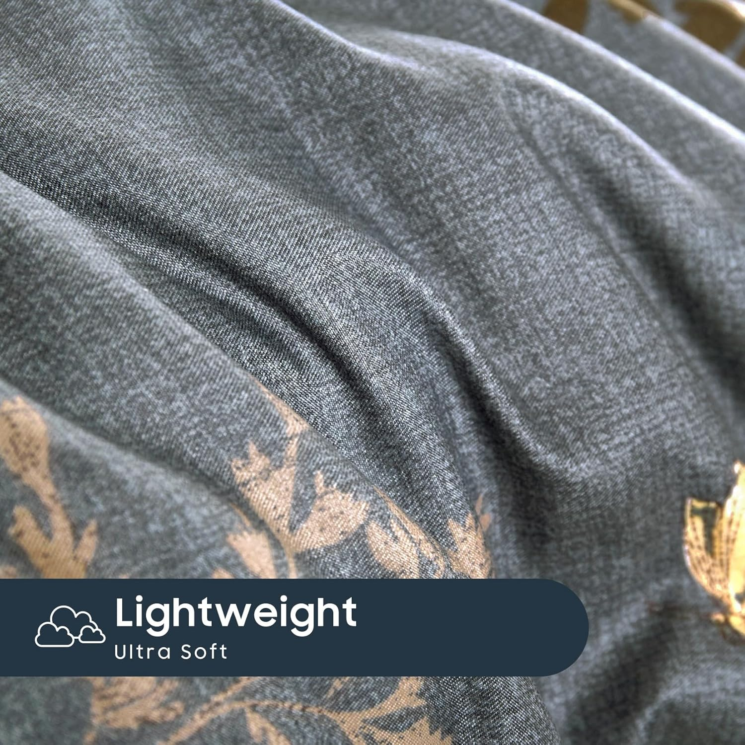 Wake in Cloud - Floral Bed Sheets Set, Soft Microfiber Botanical Flowers Pattern Printed Bedding, Extra Deep Fitted Sheet & Flat Sheet & 2 Pillowcases, 4Pcs, Birds Grey, King Size