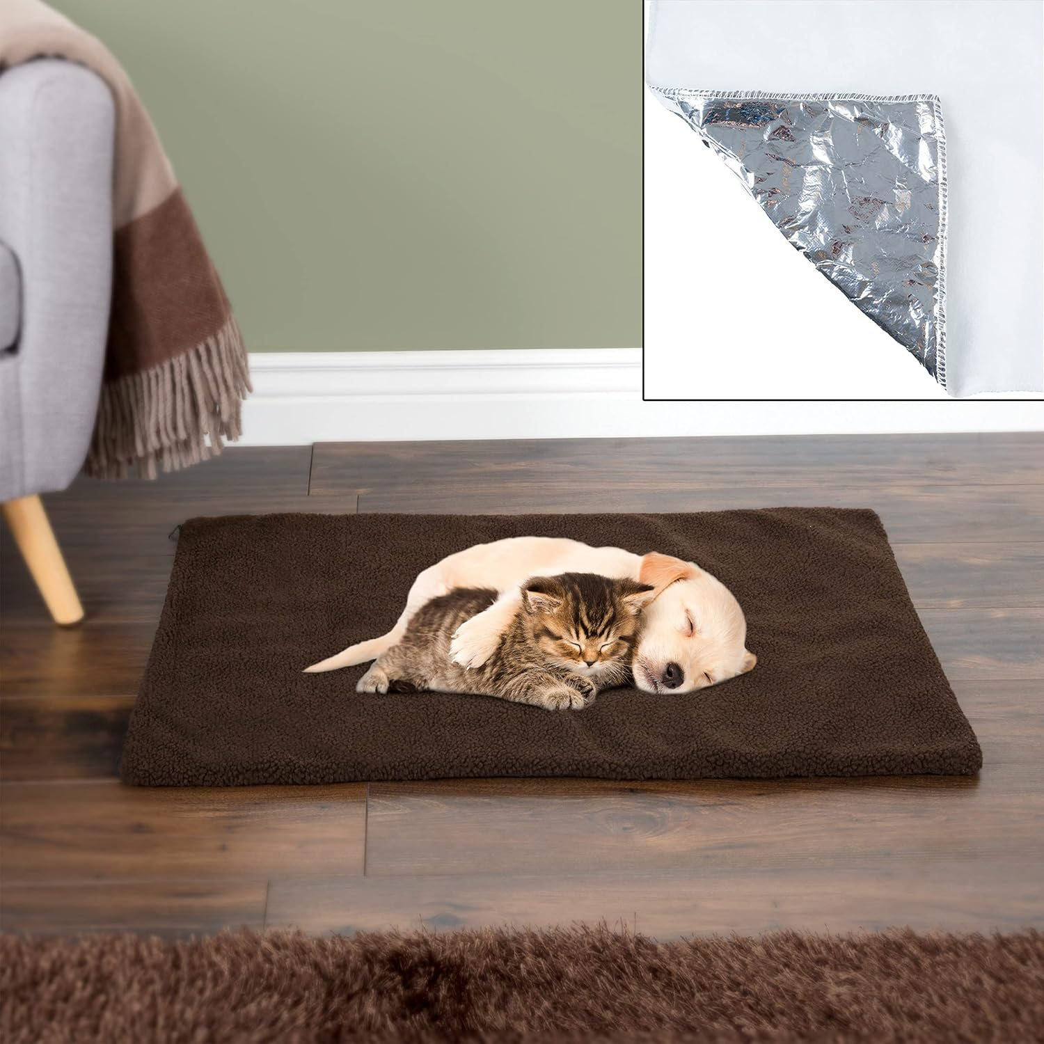 Self-Warming Cat Bed - 36X24 Thermal Pet Mat, Bed Liner, or Self-Warming Crate Pad with Soft Sherpa Top for Dogs, Cats, Pets by PETMAKER (Brown) image number 6