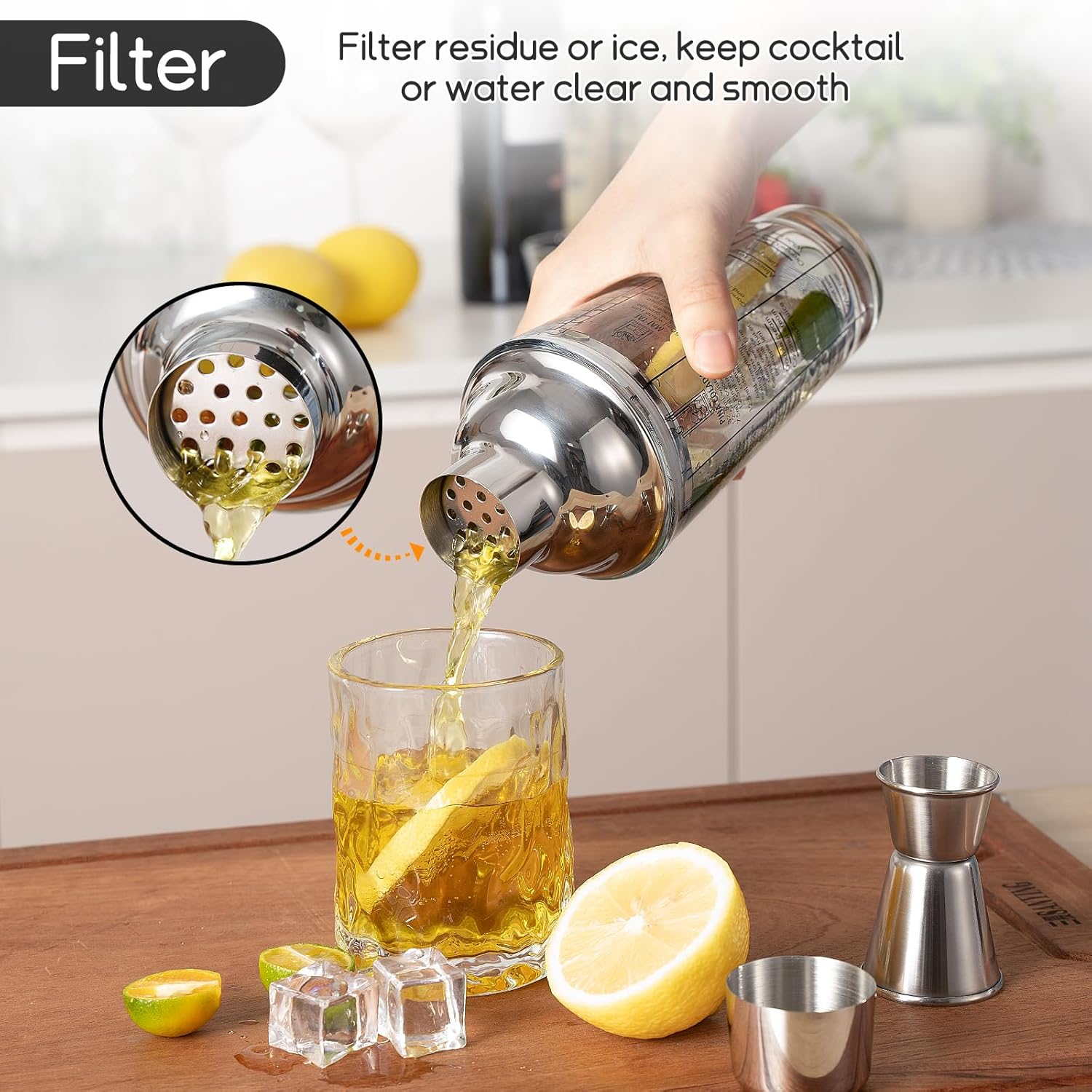 Ailelan Glass Cocktail Shaker with Strainer, 14Oz Martini Shaker with 6 Recipes on Side, Clear Drink Shaker Bottle with Measurements, Bar Shakers Set Bartender Kit for Mixing Cocktail, Margarita image number 2