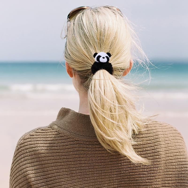 FOMIYES Fluffy Panda Hair Bobbles Pack of 2 Soft Plush Hair Accessories Elastic Hair Bands for Girls and Women Black White Design Non-Slip for Everyday and Party image number 6