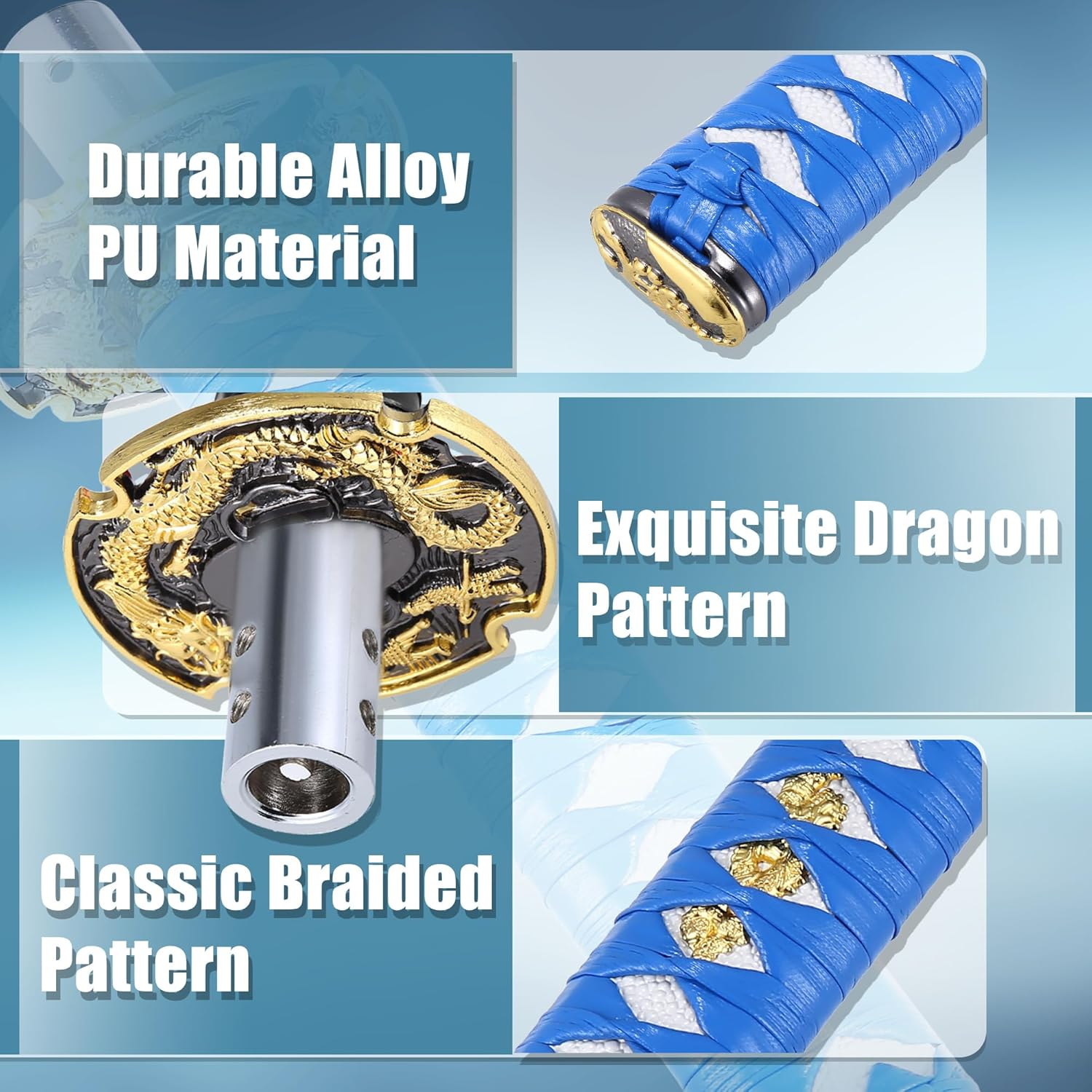 X AUTOHAUX 15Cm Samurai Sword Gear Shifter Lever Katana Shift Knob Classic Braided Pattern for Manual Automatic Shifter Blue White image number 3