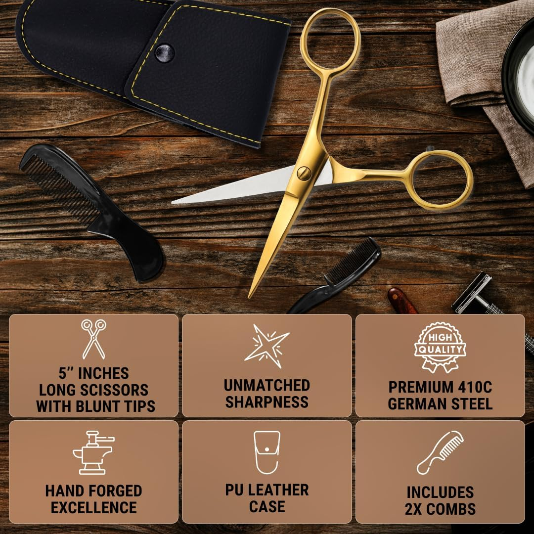 ONTAKI 5" Beard Moustache Scissors Professional German Steel 2 Comb Carrying Pouch Mustache Trimming - Hand Forged Bevel Edge Precision Men Facial Hair Grooming Kit All Body Hair (Golden Brass) image number 2