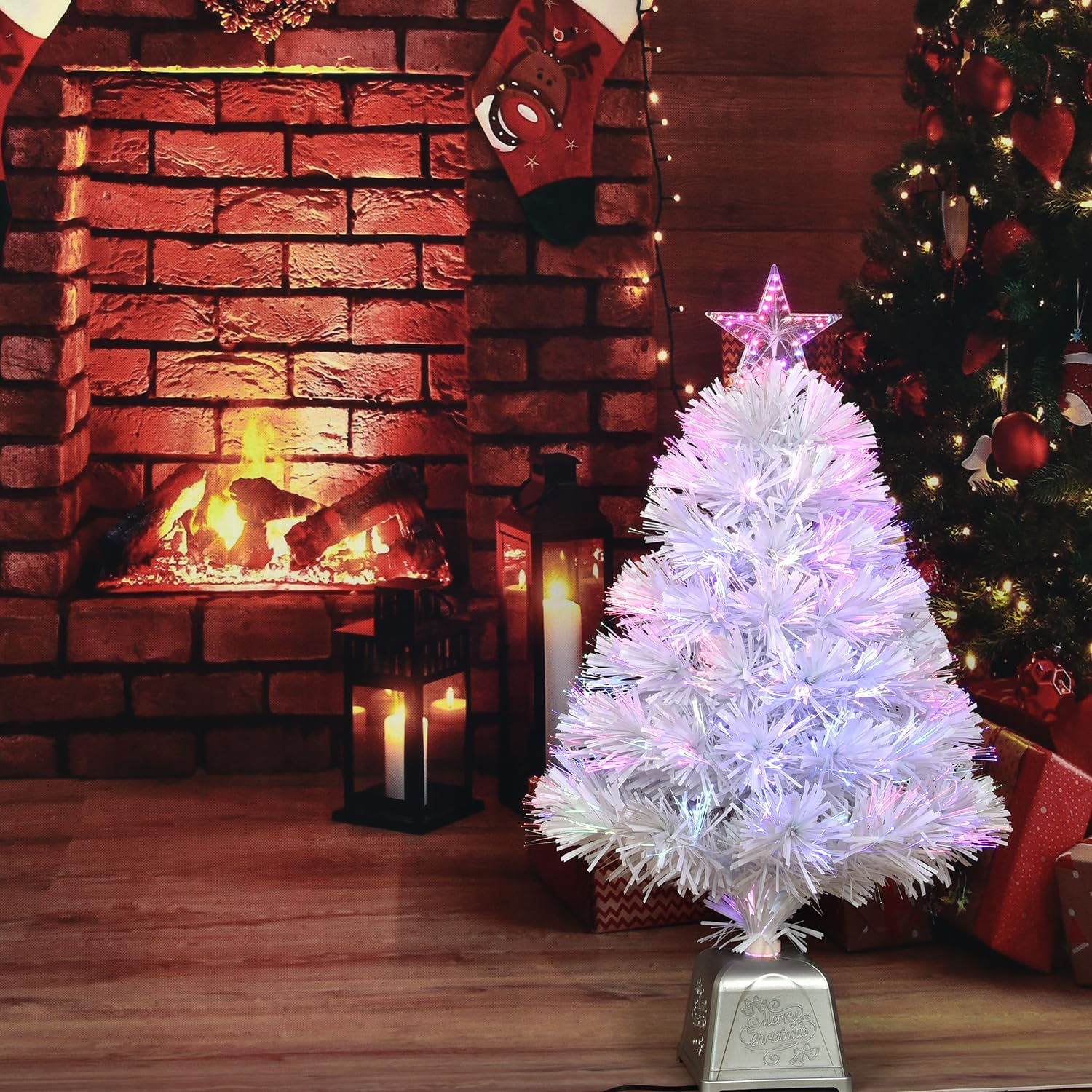 24Inch White Fiber Optic Christmas Tree,Pre-Lit Artificial Mini Christmas Tree, Tabletop Small Xmas Tree with Stars Holiday Home Decorations