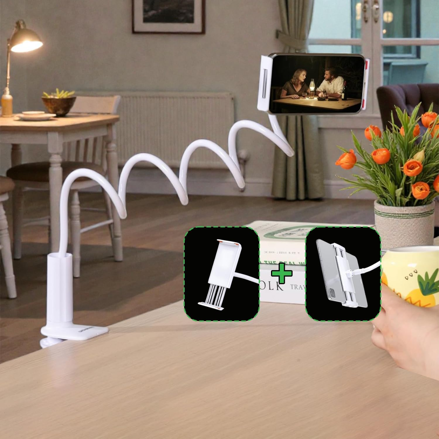 Gooseneck Phone Holder for Bed & Desk, Flexible Long Arm 360 Adjustable Clamp Clip Mount for Iphone Kindle Androids, Overhead Bedside Phone Stand, Ideal for Reading & Filming (White)