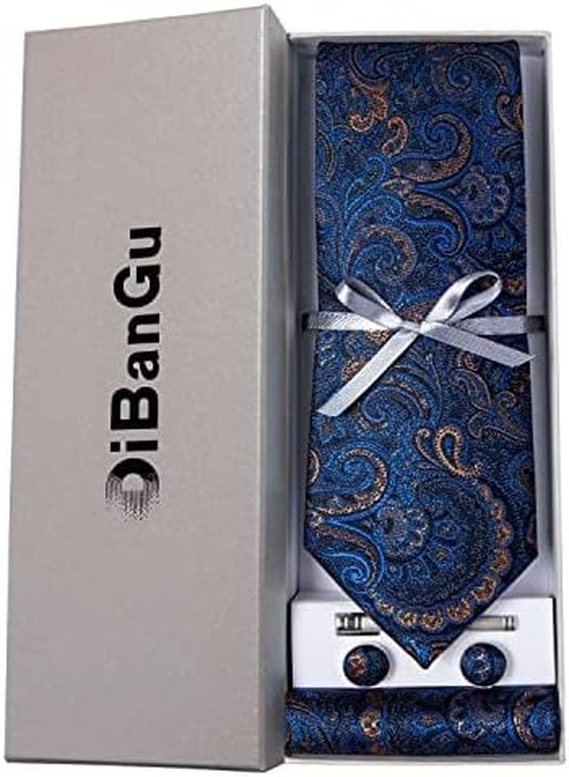 Dibangu Men'S Necktie Handkerchief Silk Paisley Floral Tie Pocket Square Cufflinks Tie Clip Set - 02 Coral image number 3