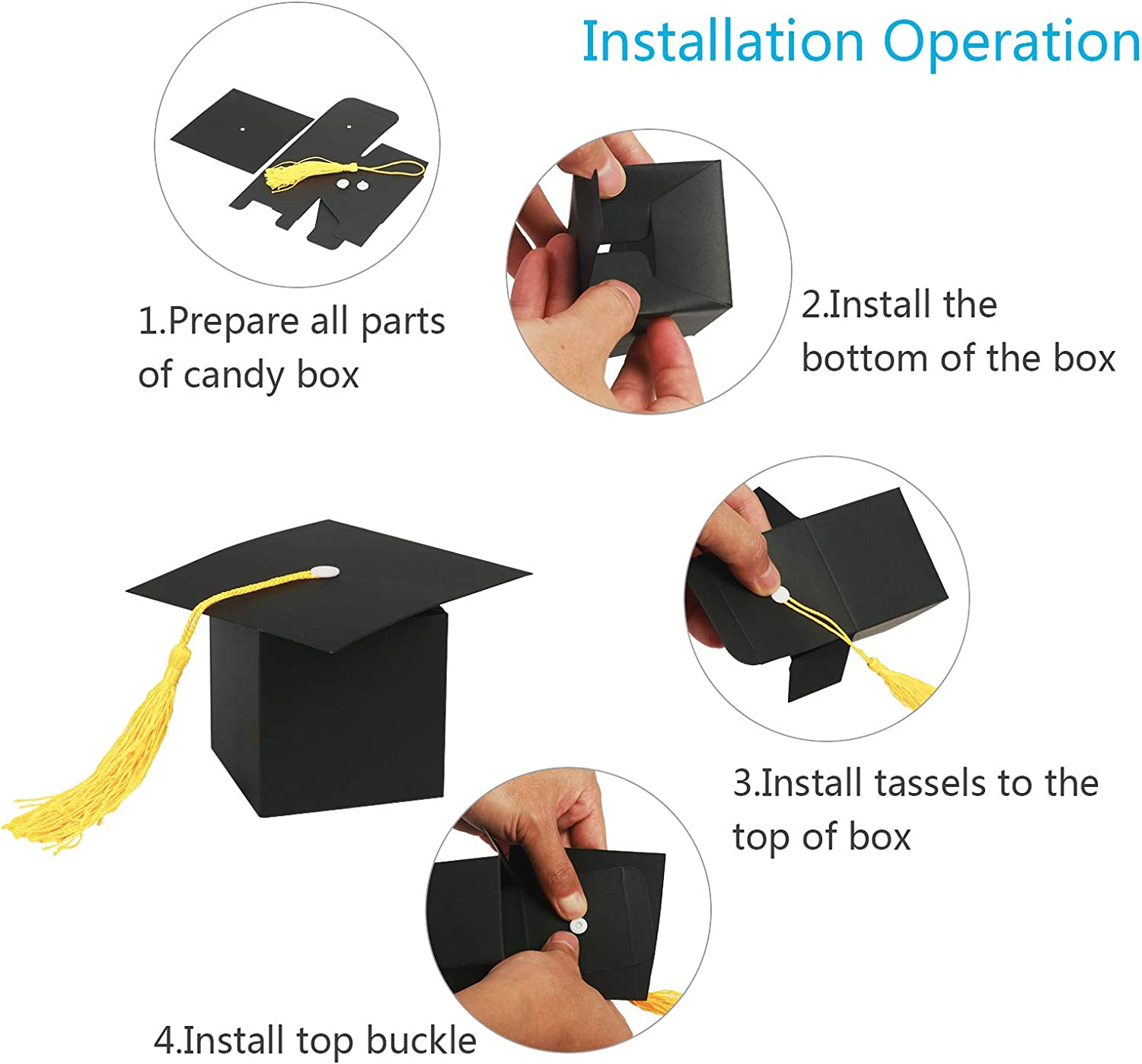 30Pcs Graduation Cap Shaped Gift Box - 6CM Black Doctoral Sweet Boxes with Yellow Tassel for Celebration Ceremony Party image number 5