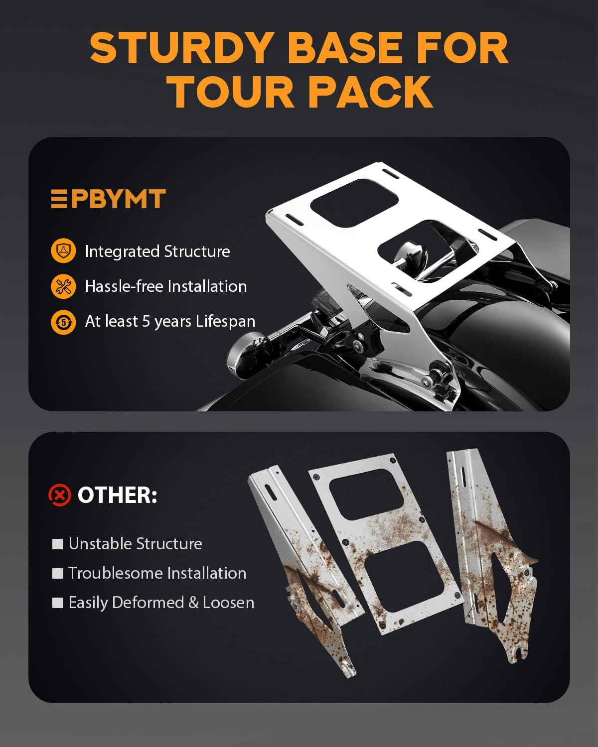 PBYMT Tour Pack Mount Thicker Tour Pack Bracket Detachable Two-Up Luggage Rack Fits for Harley Davidson Touring Street Glide Road King Electra Glide 2014-2025,Chrome - Chrome image number 2