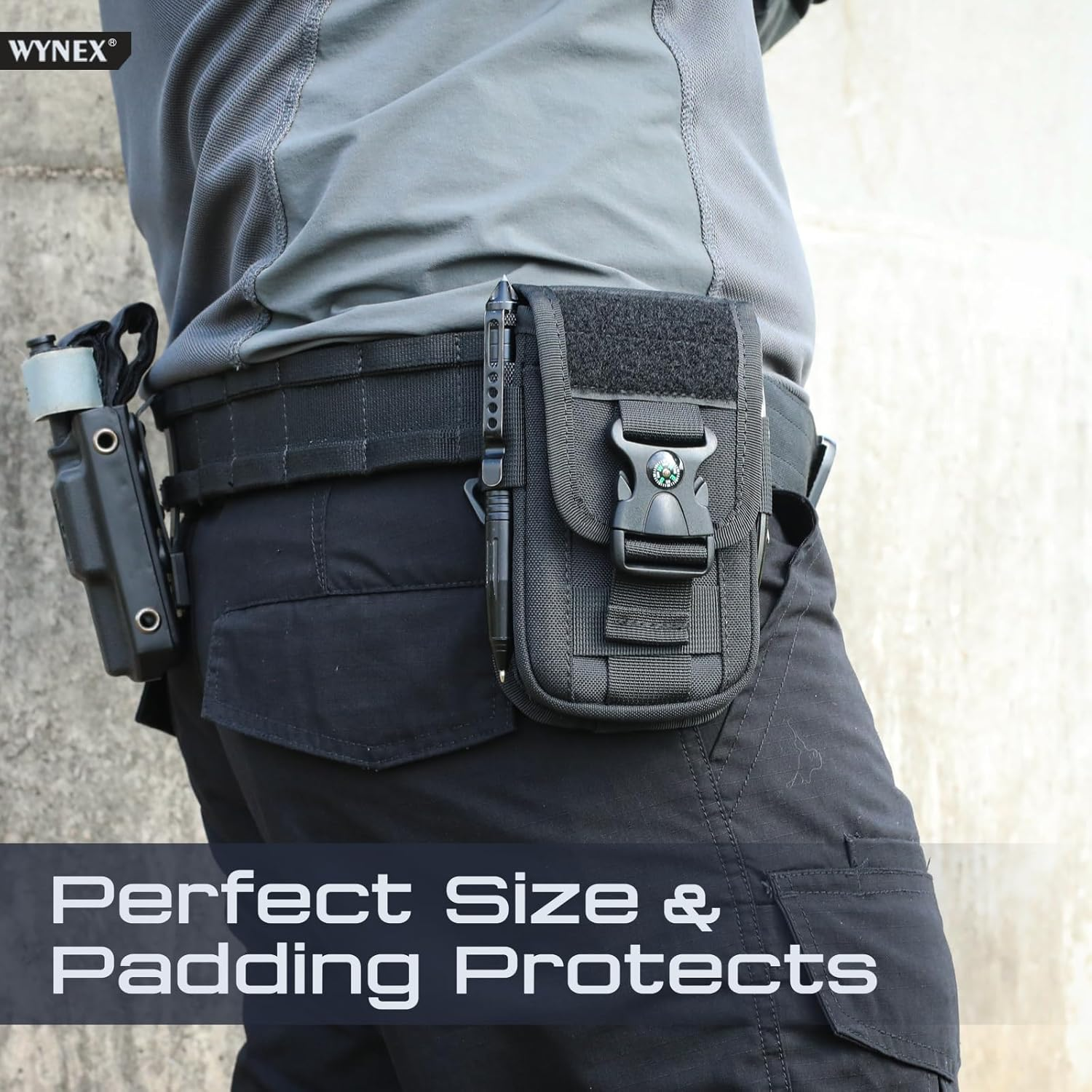 WYNEX Tactical Molle Phone Pouch with Compass Buckle, Tactical Phone Holster Molle Cell Phone Pouch Universal Belt Waist Bag for IP 15/14/13 Pro Max / S22/S21 with US Patch & Paracord Keyring Clip - Khaki image number 5