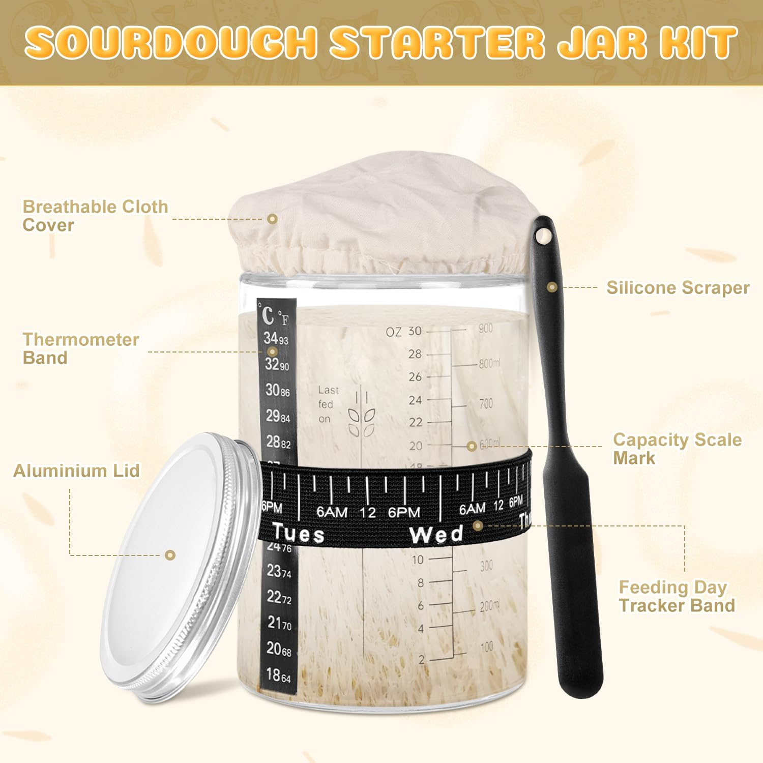 Sourdough Starter Kit Bread Baking Supplies, Bread Proofing Basket Set of 2 round and Oval - 30Oz Jar (1000Ml Glass) & Two Silicone Baskets, Sour Dough Kit Tools, Premium Baking Tools image number 5