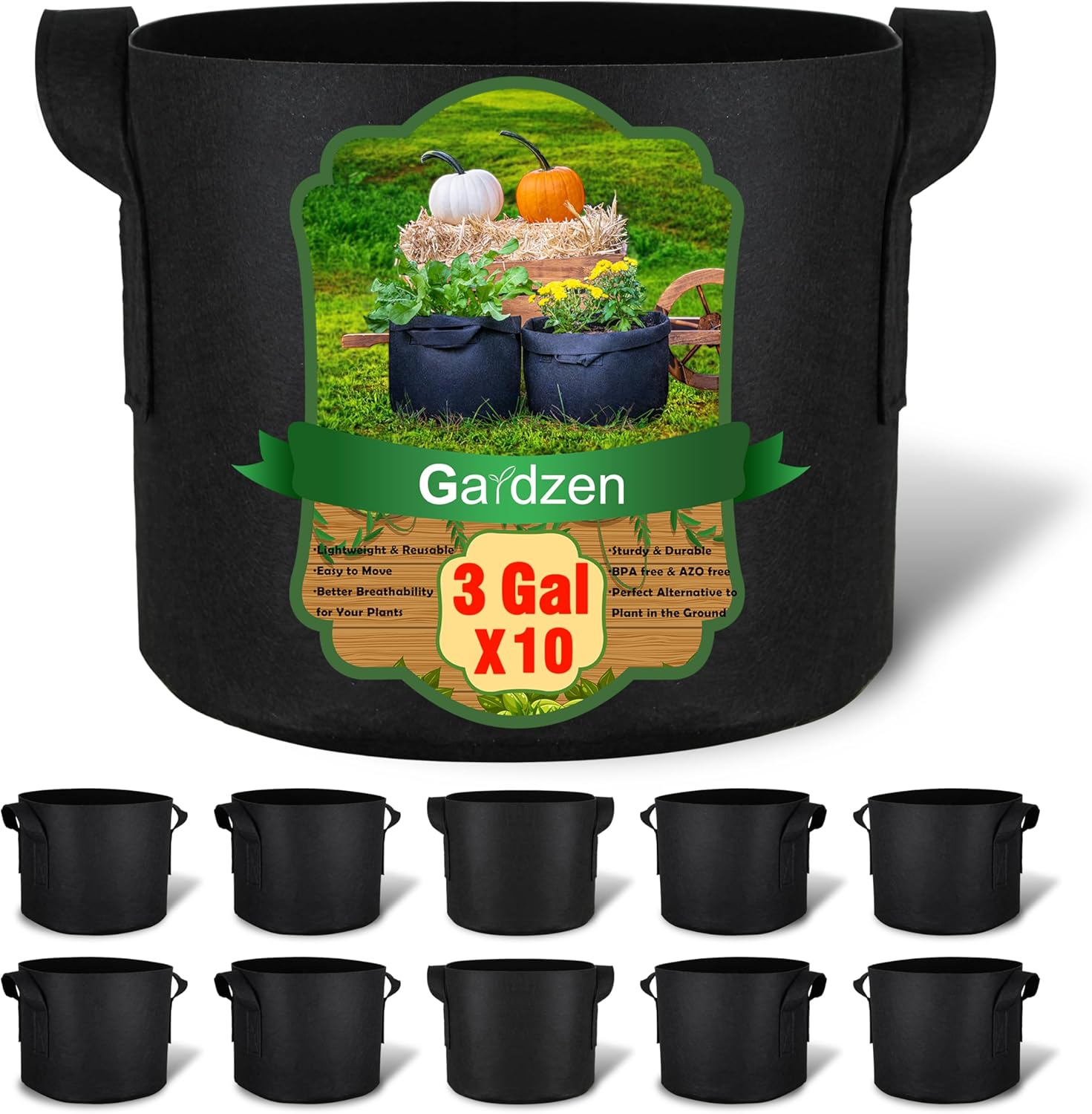Gardzen 10-Pack 3 Gallons Grow Bags, Aeration Fabric Pots with Handles image number 2
