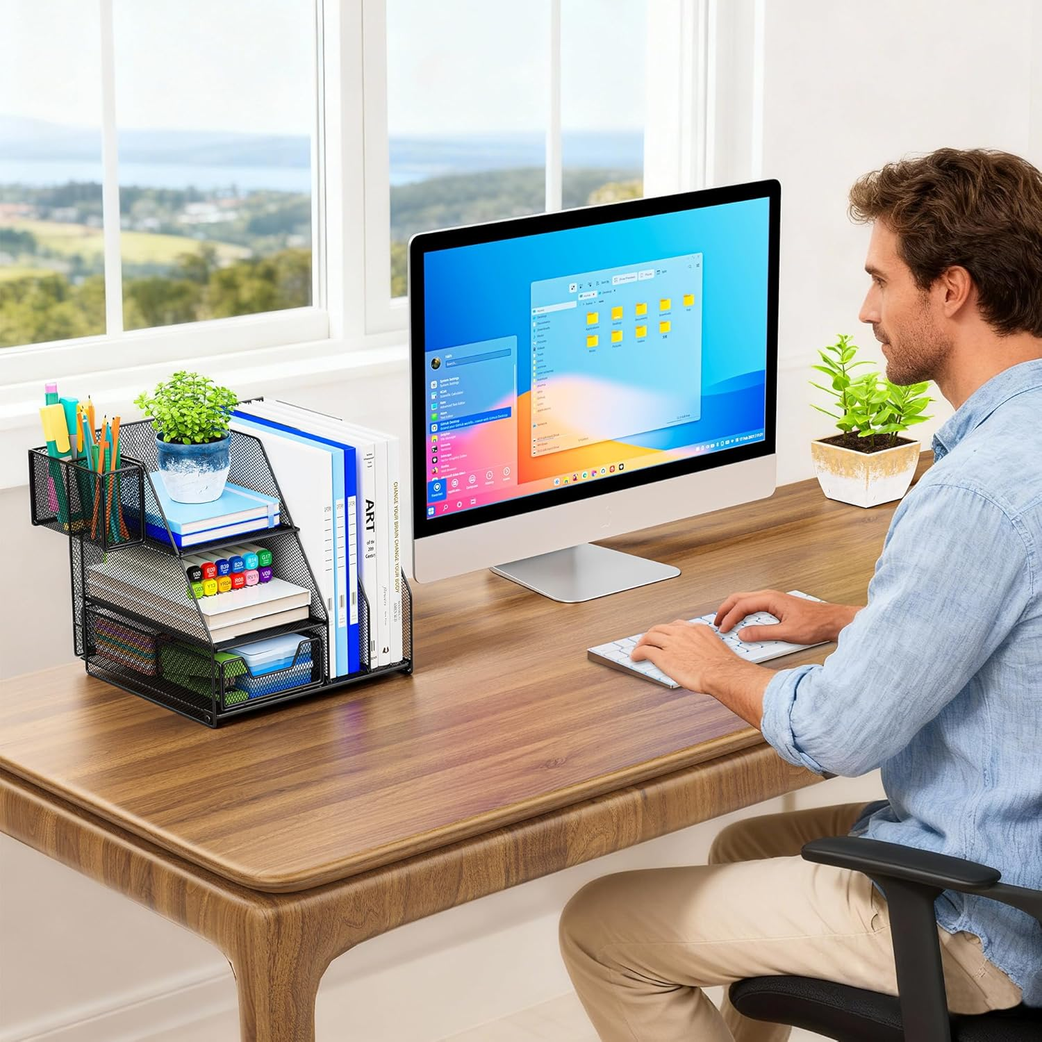 ADO03 Metal Mesh Desk Organizer with File Holder, 2-Tier Paper Letter Tray and One Drawer, 2 Pen Holders & 2 Vertical Magazine Holders for Office Supplies, Black image number 1