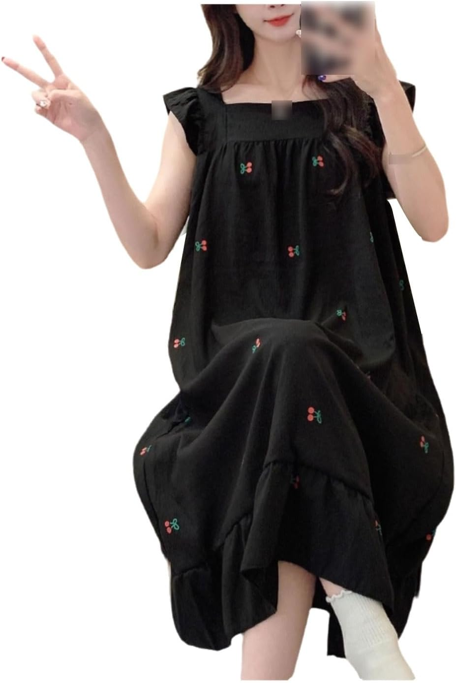 Polyester Blended Nightgown Mid-Length Loose with Chest Pad Nightdress Suspenders Nightgown Can Be Worn Outside image number 4