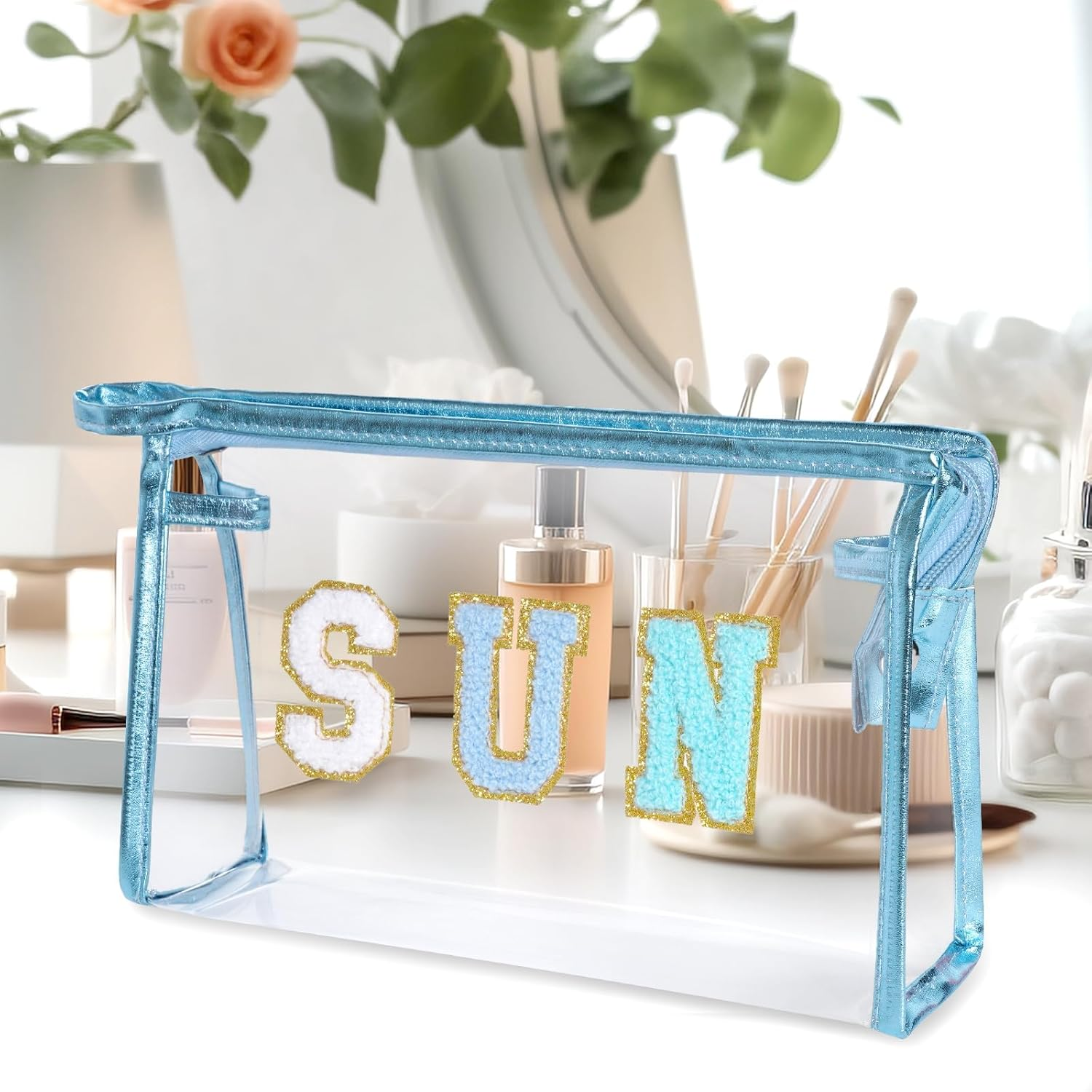 Clear Preppy Patch Makeup Bag, Sun Chenille Letter Bag for Beach, Clear Pouch with Zipper, Preppy Travel Bags Clear Cosmetic Toiletry Bag for Women Girls Teens (Blue) image number 4