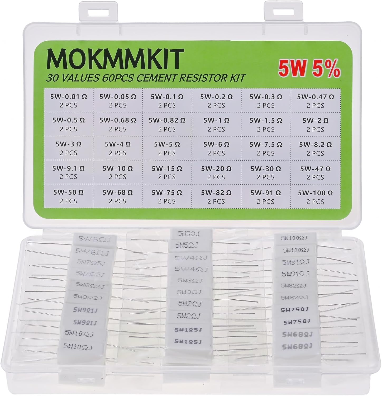 30 Values 60 Pieces Ceramic Cement Resistor KIT 5W Resistance 5 Watt &plusmn;5% Power Resistors (0.01 Ohm - 100 Ohm) image number 4