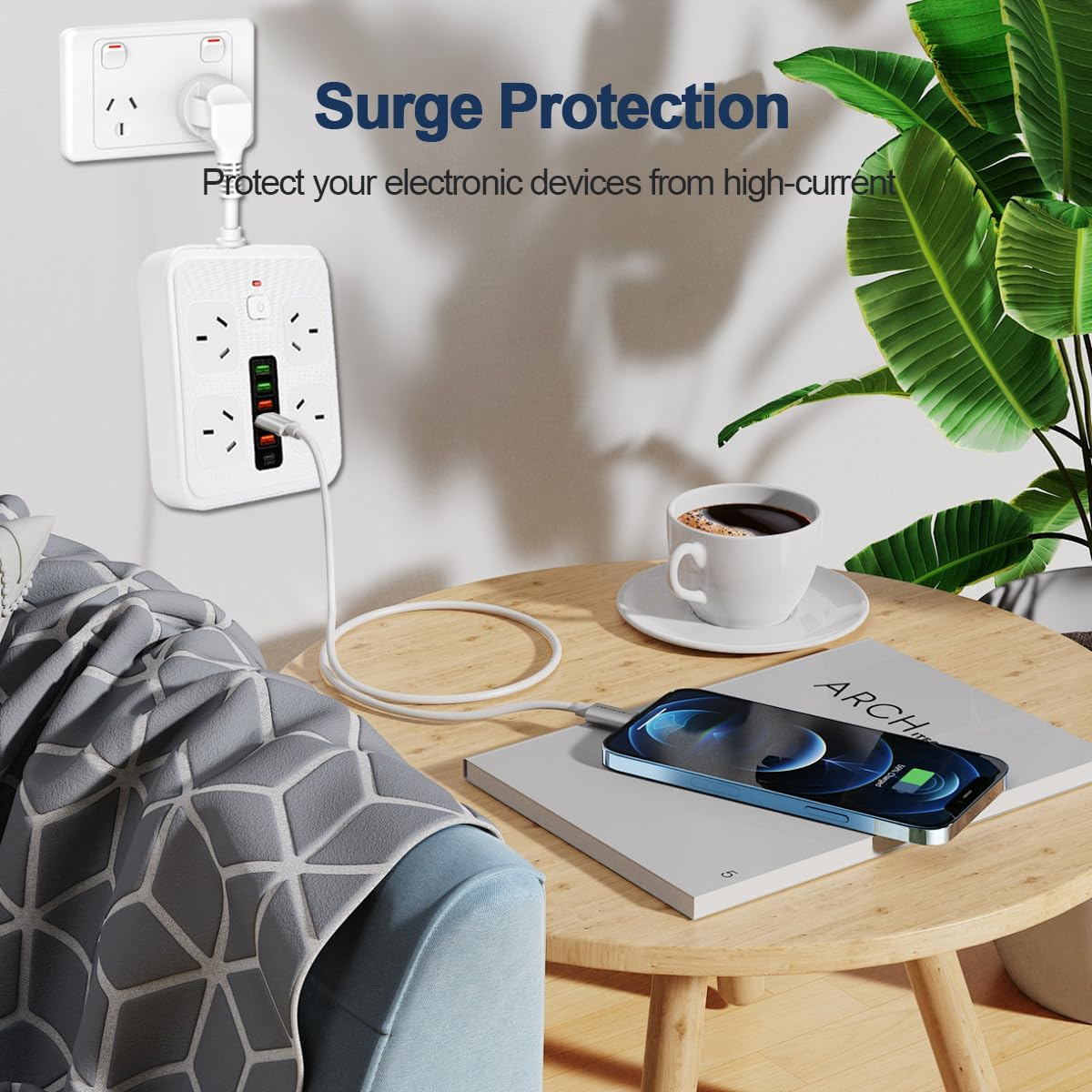 10 In1 Power Strip, Power Board with USB C with 4-Sockets Combo, 5-USB a 1-USB C（DC 5V 3.4A） Surge Protection 2400W-10A, Power Socket for Home & Office (White) image number 4