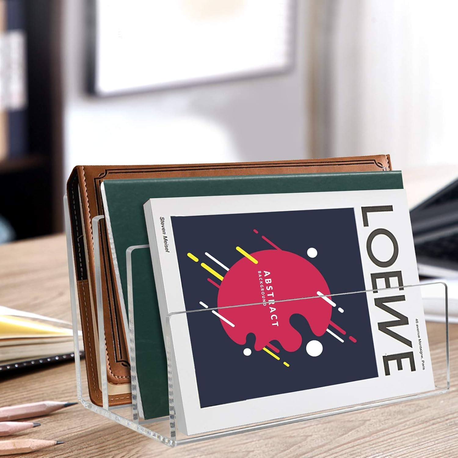 Tasybox Acrylic File Holder, Clear File Sorter Desk File Organizer 3 Sections Office Desktop Rack 9" X 6.5" X 6.5" image number 1