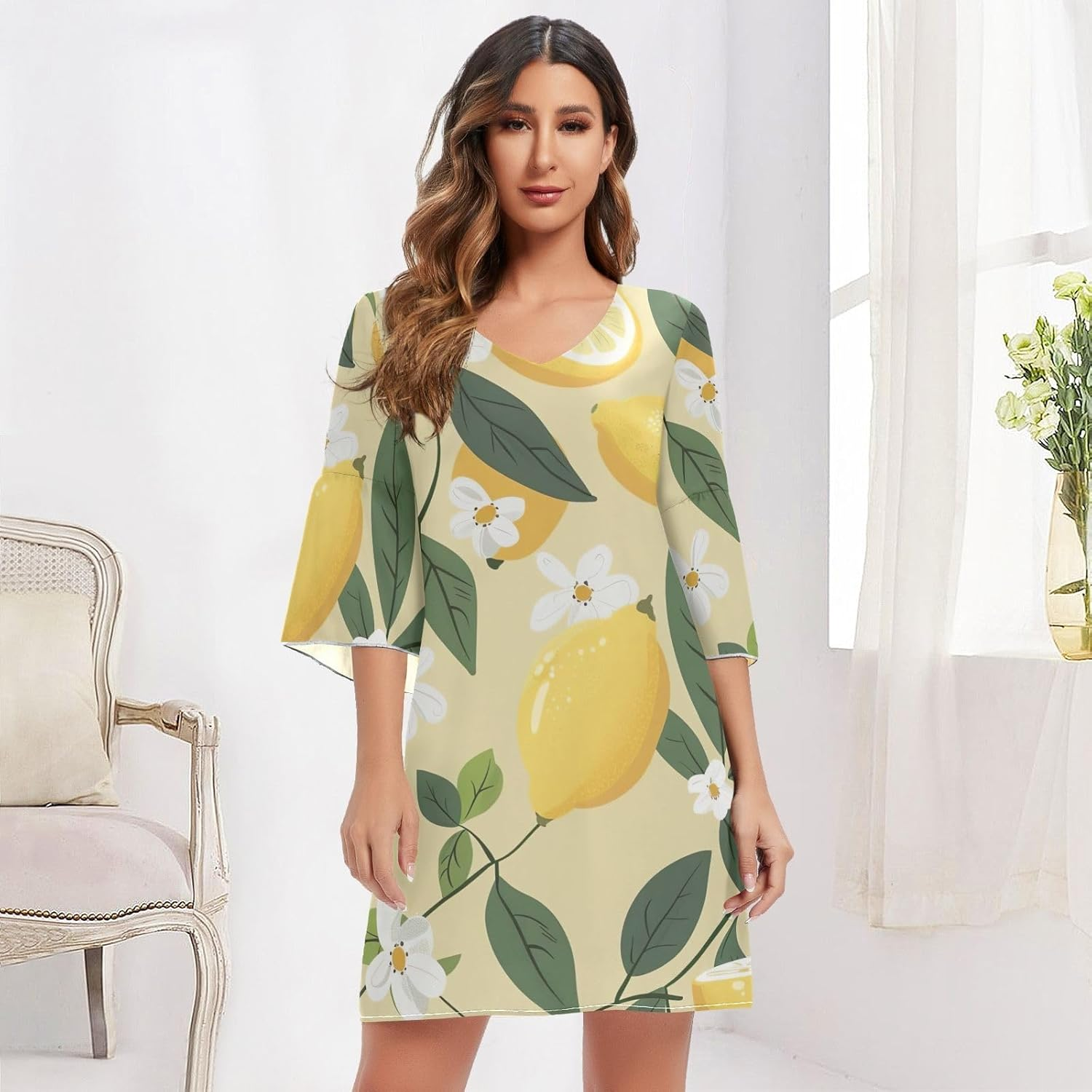 Vintage Lemons Yellow Ladies Chiffon Dress Printed Line Maternity Dress S-XXL image number 3