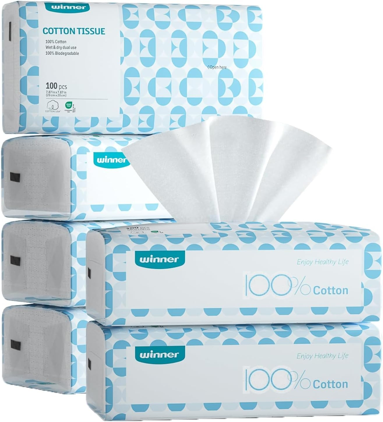 Winner Soft Face Towels, 100% USDA Biobased Facial Towels, Unscented Cotton Tissues for Sensitive Skin, Oeko-Tex Certified Face Towelettes Disposable, Makeup Remover Dry Wipes, 600 Ct, 6 Pack image number 5