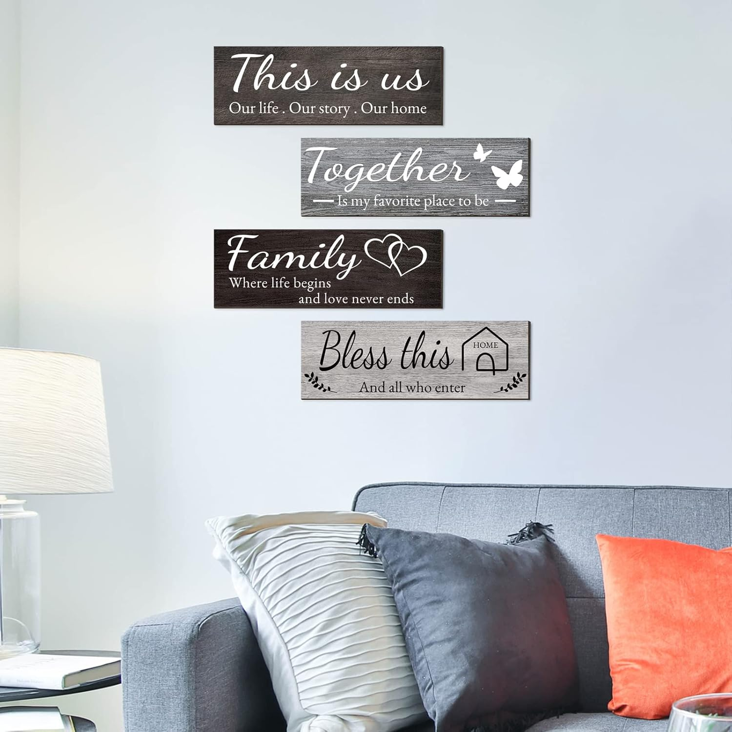 Joyhawk 4 Pieces Home Wall Decor Signs - THIS IS US/TOGETHER/BLESS THIS HOME/FAMILY for Living Room Bedroom, Rustic Wooden Farmhouse Art, 4.7 X 13.8 Inch (Mixed Color) image number 5