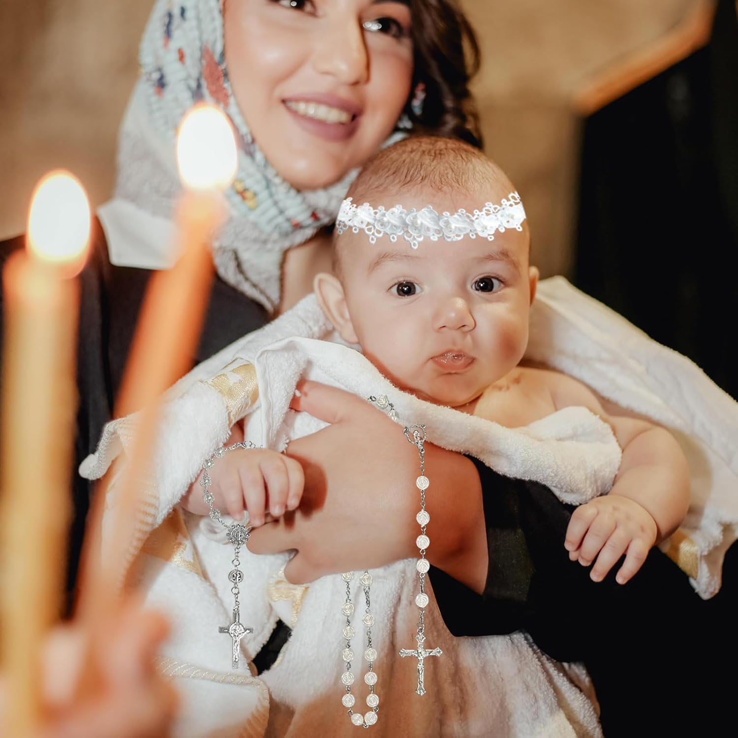 7Pcs Baby Girl Baptism Set, Baptism Socks Pearl Headband Cross Charm Rosary Certificate, Seashell, Holy Water Bottle, First Communion Gift