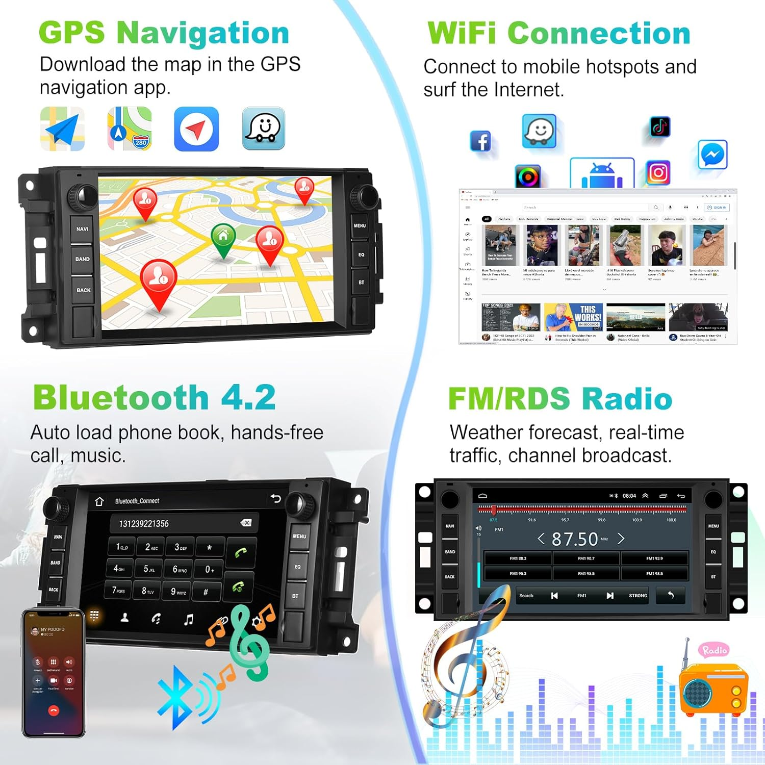 Podofo 2+64G Car Stereo for Jeep Wrangler Dodge Chevrolet RAM 1500 Android Radio with Wireless Apple Carplay, 7" Touchscreen Stereo with Wifi, GPS, RDS/FM Radio, Bluetooth + Backup Camera & Mic image number 1