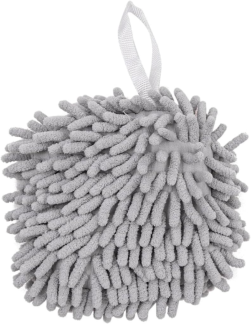 2 Pcs NUZAMAS Chenille Hand Towels Fuzzy Ball Towel White and Gray Fast Drying Handball Absorbent Soft Towel Hanging Towel for Kitchen Bathroom image number 5