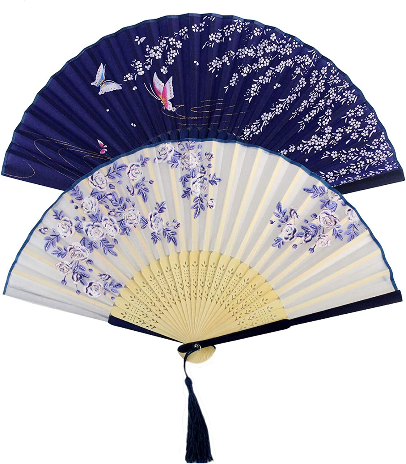 Bantoye 2 Pieces Handheld Fans, Silk Folding Fans with Bamboo Frames for Dancing Cosplay Wedding Party Props Decoration, White Blue image number 1