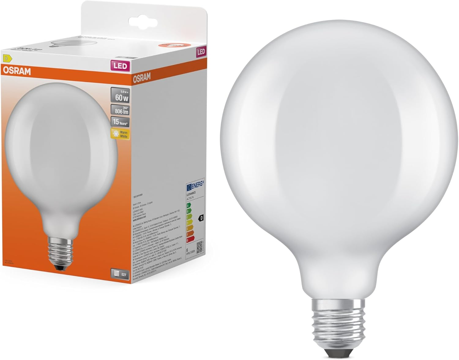 OSRAM LED Retrofit Classic Globe125 5.9 W 827 Frosted E27 image number 1