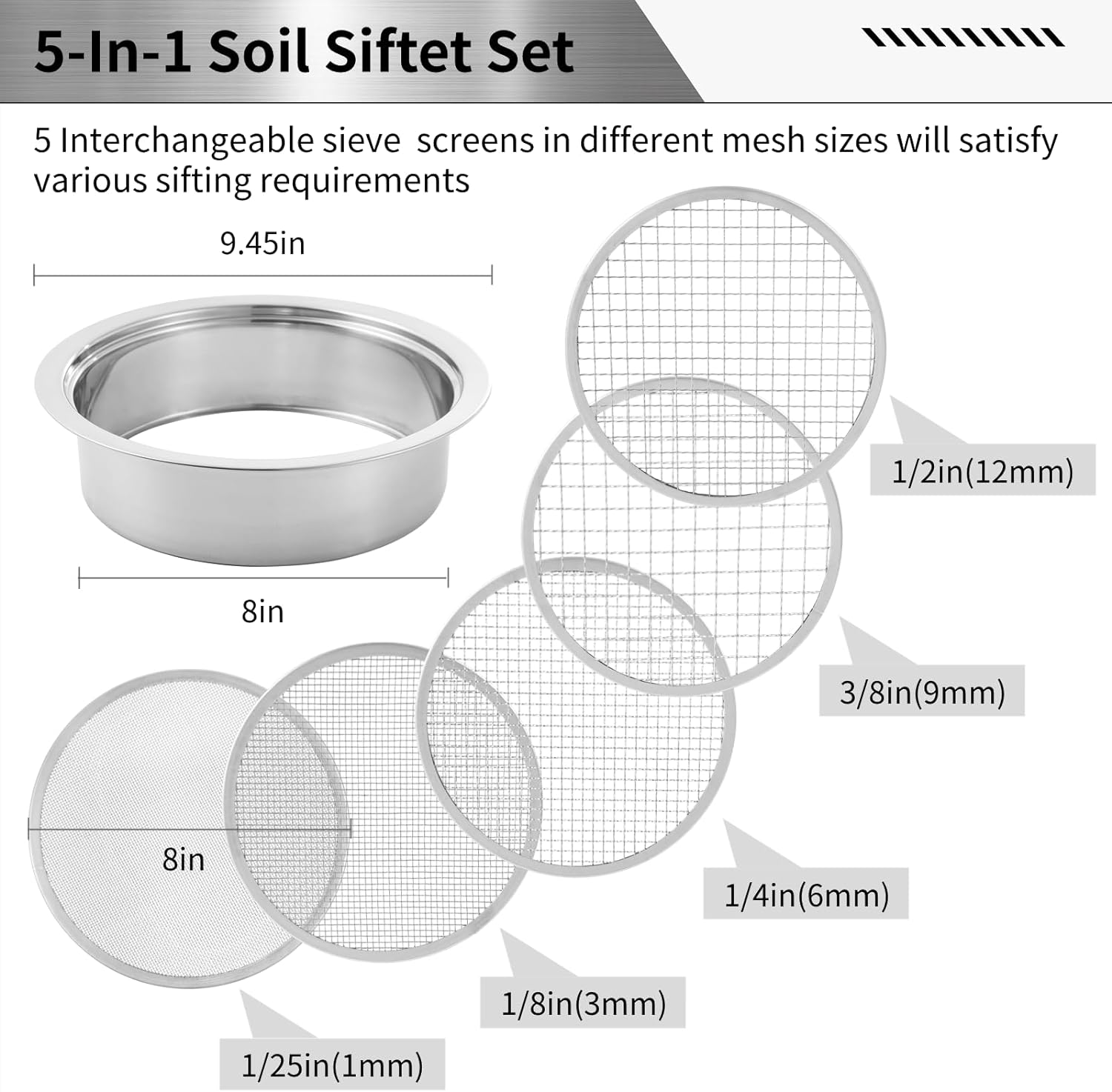 Soil Sifter Stainless Steel Riddle Sieve Set for Gardening with 5 Sizes 8" Diameter 1/3/6/9/12Mm Interchangeable Meshes - Garden Potting Sieves with Shovel - Planting Soil Sifters Strains image number 2