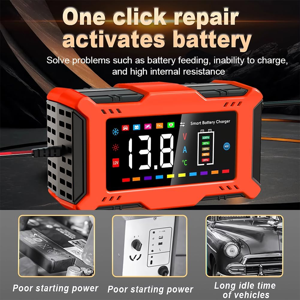 Augoing Battery Charger for 12V6A Lead Acid and 14.6V Lithium (Lifepo4) Battery, Automatic Car Battery Maintainer Trickle Charger and Desulfator with Temperature Compensation