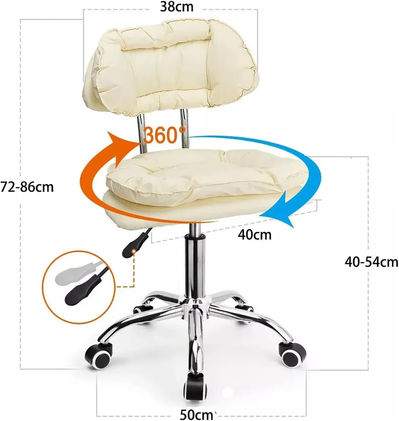 GO TILING Home Office Chair Adjustable Height Rolling Stool with Low Backrest &ndash; Swivel Office Chair with Thickened Cushion for Kids Adult Study Work for Home, Salon, Spa, Nail Shop, White