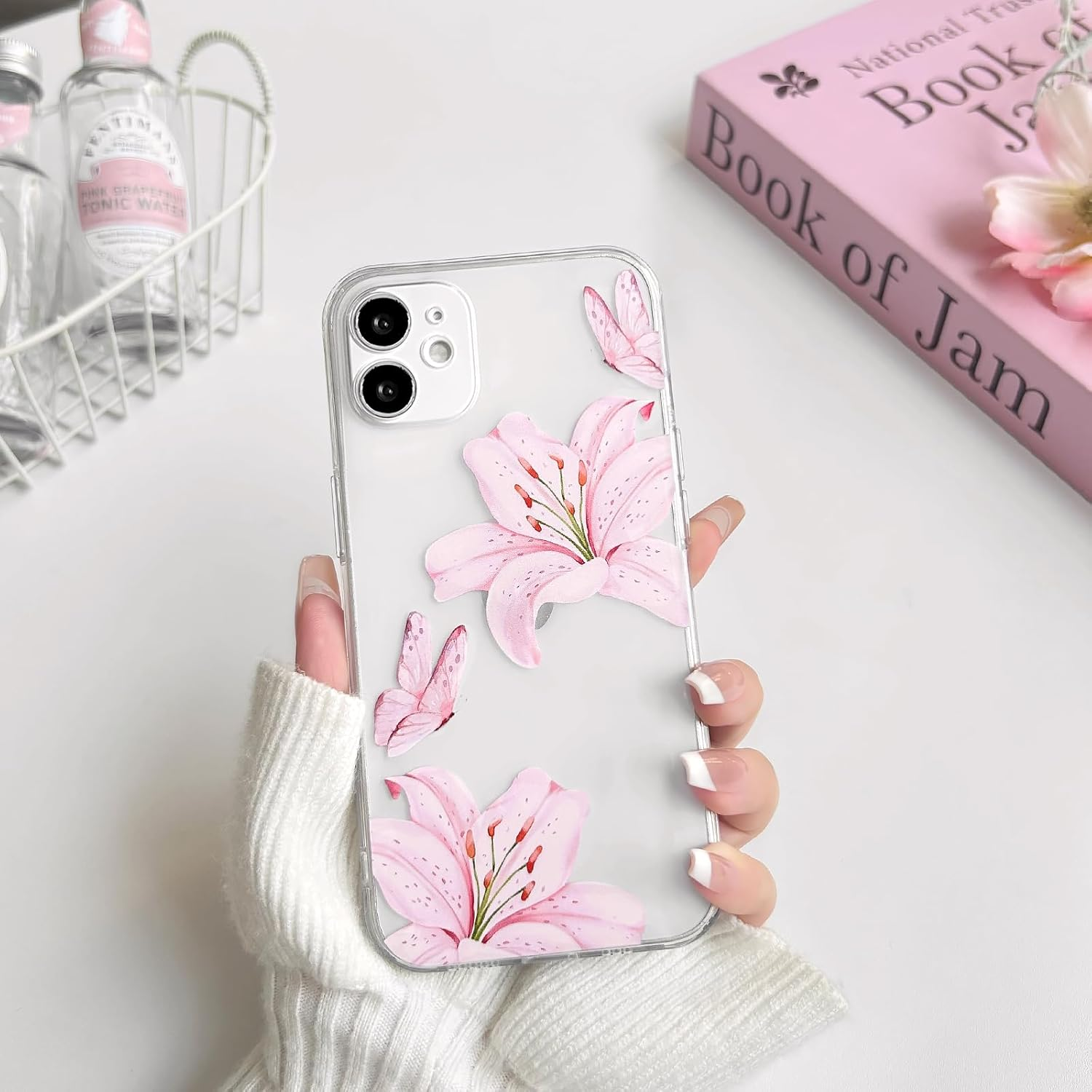 NITITOP Compatible with Iphone 11 Case Clear Cute Butterfly Lily Flower Floral Pattern for Women Girls Full Camera Lens Clear Slim Shockproof Protective Phone Cover - Pink