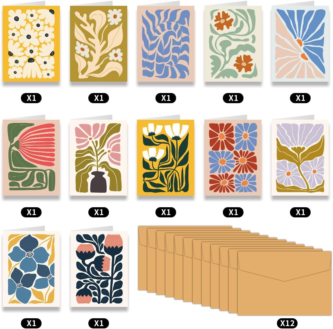 SUPNBDM 12 PCS Birthday Card, Birthday Card Pack, Birthday Cards Bulk, Funny Birthday Card, with Envelopes and Matching Sealing Stickers,For Family, Kids, Friends, Work & Office Celebrations, Flowers, Bohemian Style image number 5