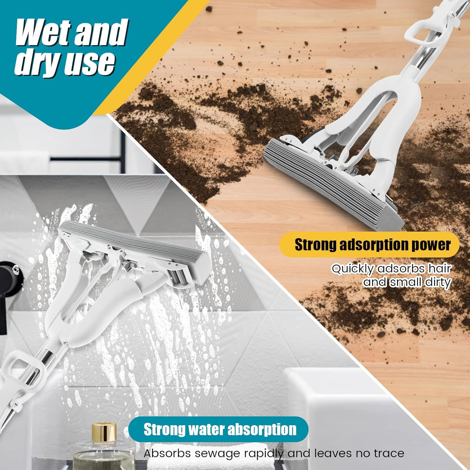 Kandishiex PVA Sponge Mop, Super Absorbent Sponge Roller Mop, Wet and Dry Use, Self Wringing, 12.9In Head, for Home Floor image number 4