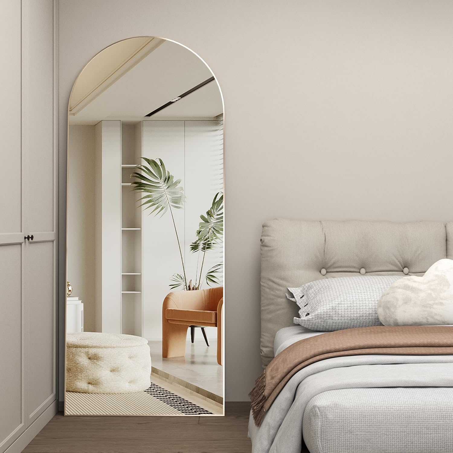 CASSILANDO Arched Full Length Mirror 165 &times; 60Cm, Floor Big Standing Mirror, against Wall for Bedroom,Dressing and Wall-Mounted Thin Frame Mirror, Gold image number 5