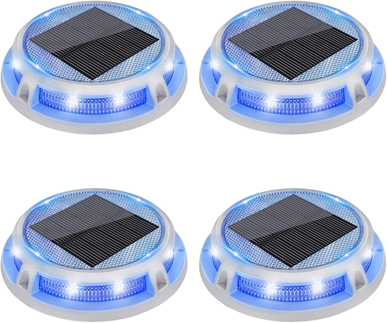 XIULIUU Solar Deck Lights, 4 Pack Solar Powered Driveway Lights, IP68 Waterproof, Outdoor Warning Dock Lights for Step Sidewalk Stair Garden Pathway Walkway Yard (Blue/White)