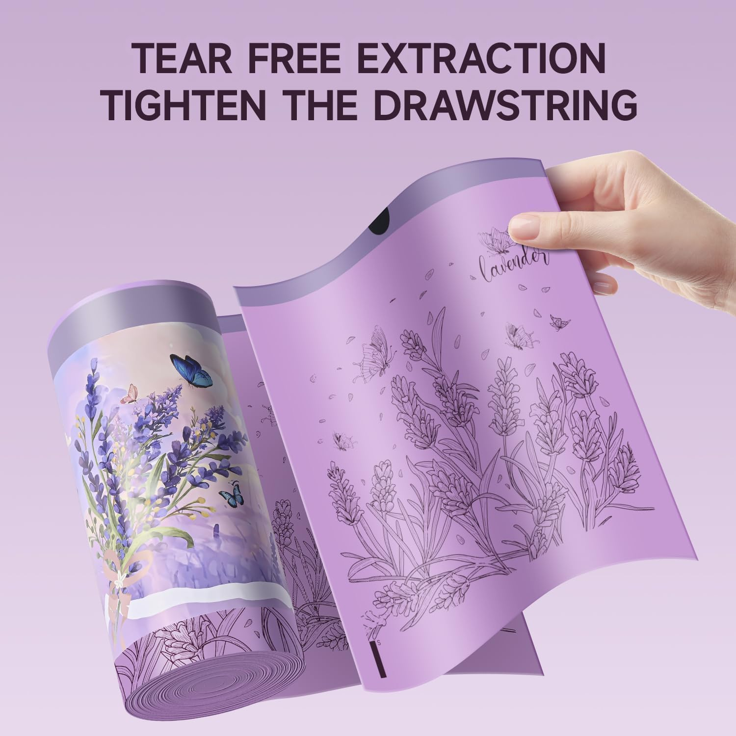 50-Pack 4 Gallon (15L) Drawstring Bin Liners | Colourful Lavender-Printed Small Trash Bags | Tear-Resistant & Leak-Proof | for Bathroom, Office & Bedroom Bins image number 3