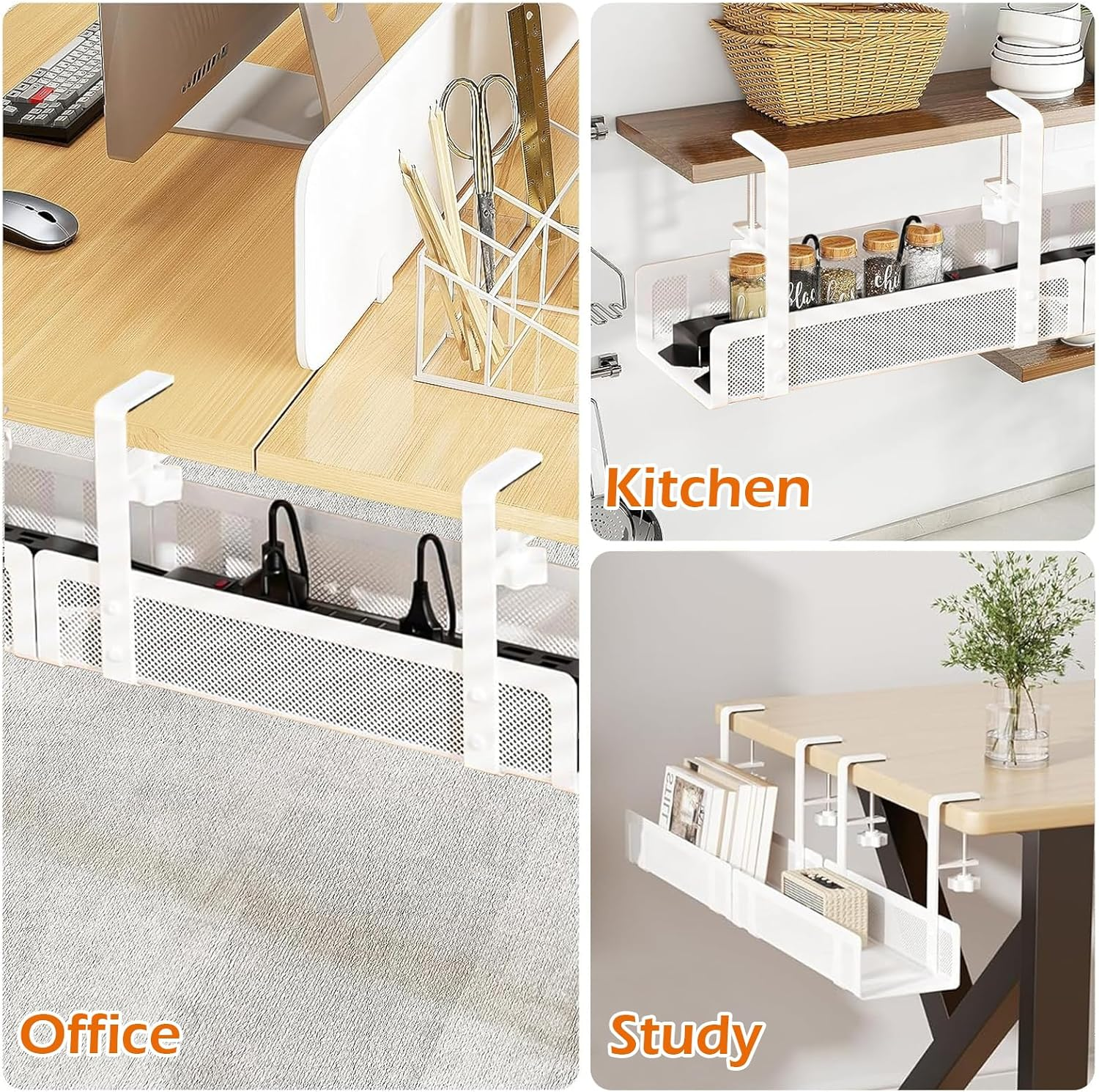 Under Desk Cable Management Tray, 27.6In No Drill Cable Tray, Desk Cable Management Box with Clamp for Desk, under Desk Storage for Office Home, White image number 1