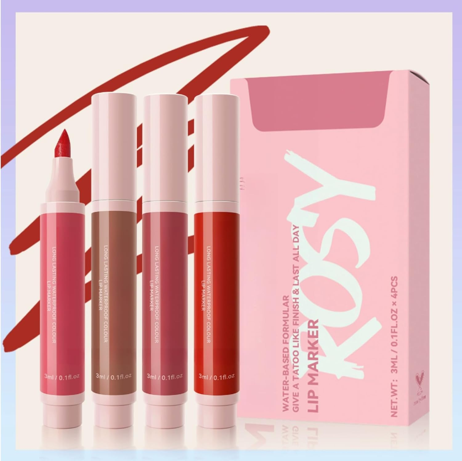 4Colors Lip Stain Marker &ndash; Long-Lasting Waterproof Lip Tint, High-Pigment Smudge-Proof Lip Stain Pen, 3Ml/Each image number 3