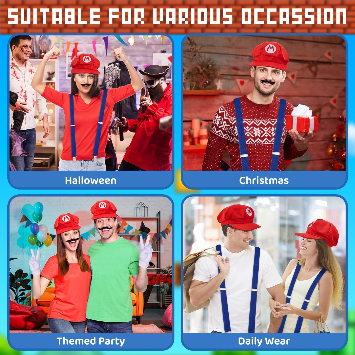 WOTOW Super Brother Costume Accessories Set - Adult Video Game Role Cosplay with Hat Gloves Moustache Buttons Suspenders Fancy Outfit for Dress up Party Supplies Halloween Party Cosplay image number 6