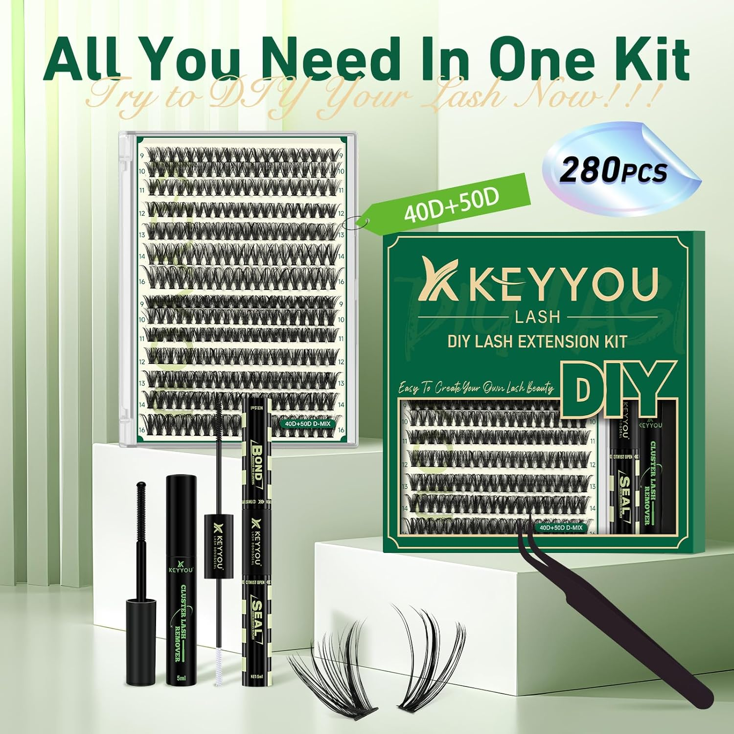 KEYYOULASH DIY Lash Extension Kit 280Pcs Individual Eyelash Extension Kit 40D50D D Curl 9-16MIX Lash Clusters with Glue Remover Applicator Easy to Use for Beginners(Kit-40D50D-D-9-16Mix) image number 6