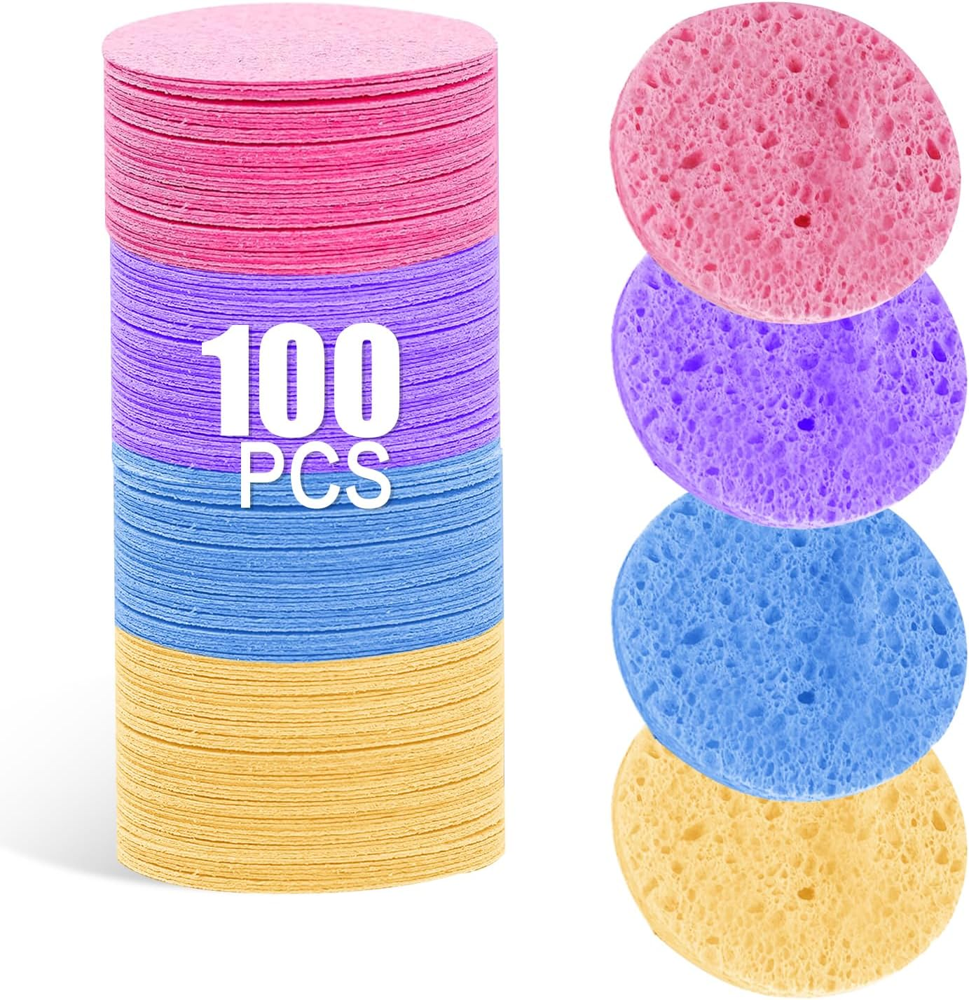 Spunspon 50-Count Facial Sponges, Compressed Natural Cellulose, Pink, round Shape, Face Cleansing, Exfoliating, Makeup Removal