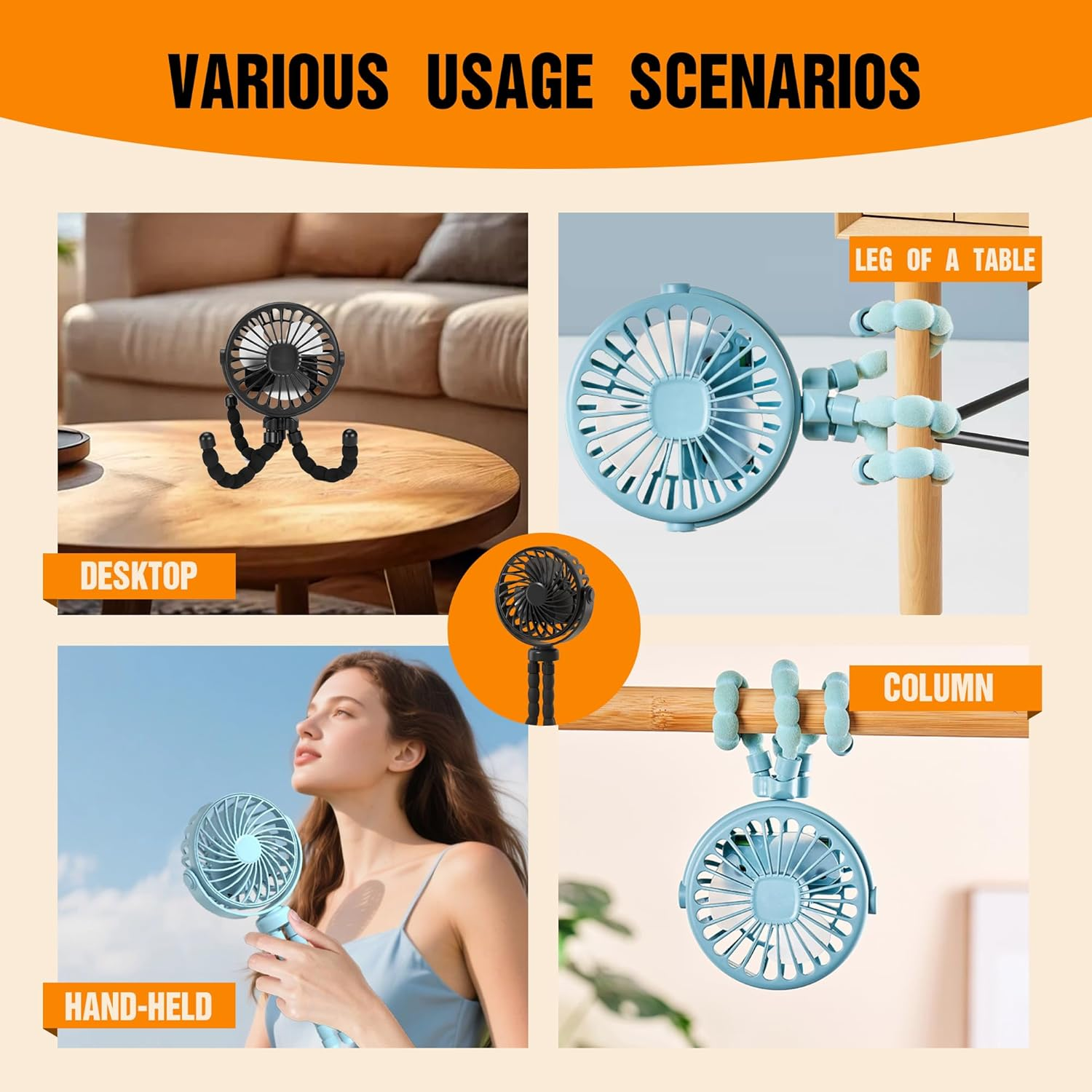 Mini Portable Stroller Fan, Hand Held Fan, 3 Gears, USB Rechargeable, 360&deg; Rotation, Flexible 3-Legged Small Fan, Suitable for Car Seat, Baby Bed, Treadmill and Travel (Black)