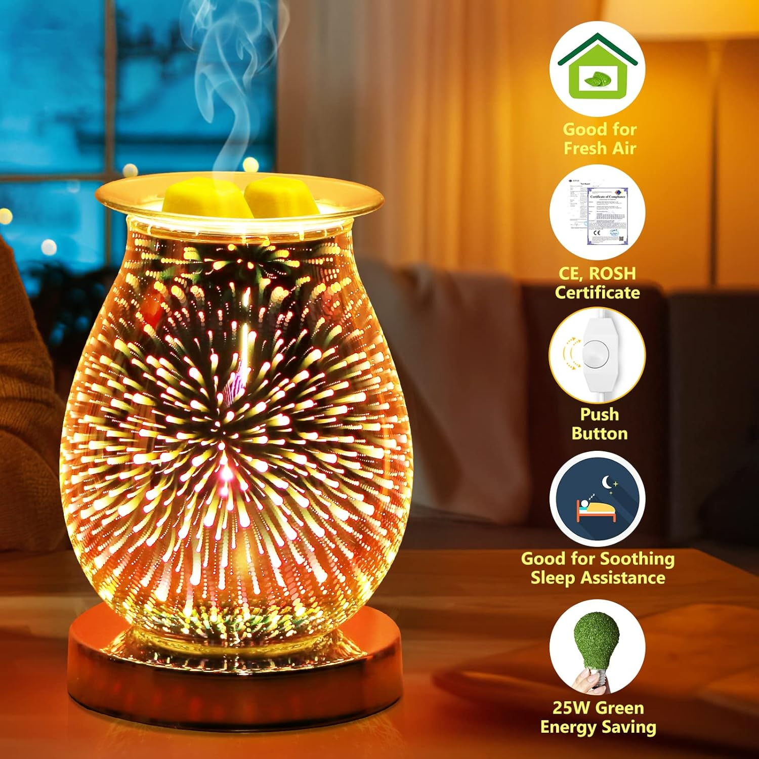 Glass Electric Oil Burner Wax Melts Fragrance 3D Fireworks Aroma Lamp Touch Control Night Light Home Decor for Office Bedroom Living Room (3D Fireworks) image number 6