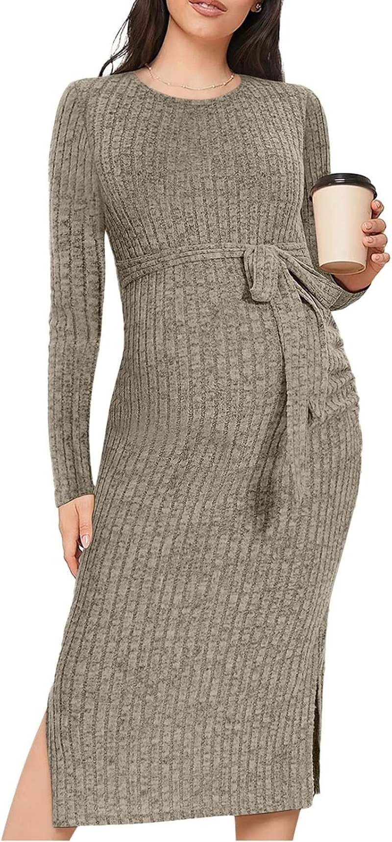 Guruixu Crewneck Maternity Sweater Dress Rib Knit Long Sleeve Photoshoot Baby Shower Dresses Slit Pregnancy Clothes with Belt
