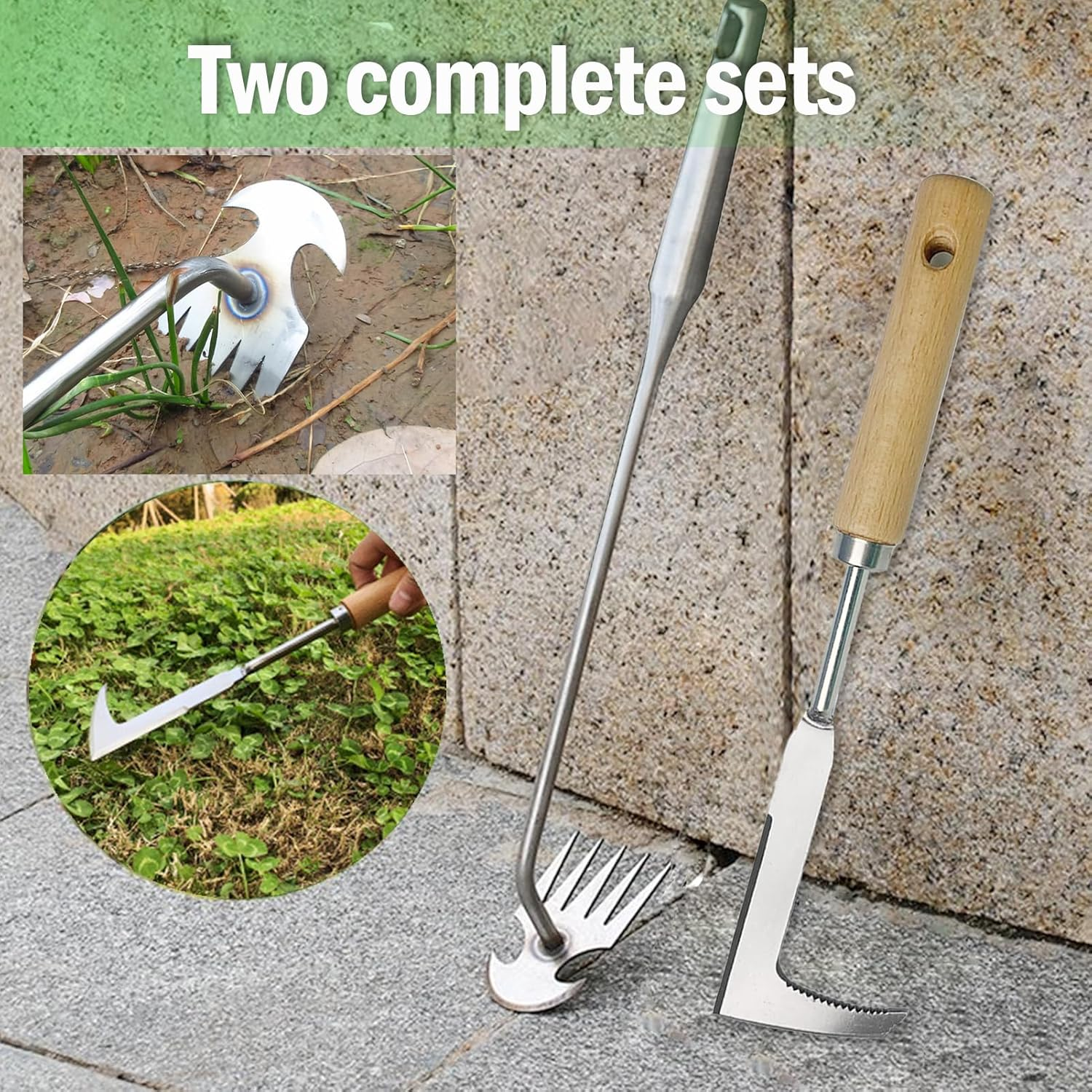 Stainless Steel Crevice Weeding Tool, 2 Pack, Manual Weeder with Wooden Handle for Gardens and Patio Lawns Driveways and Walkways image number 6