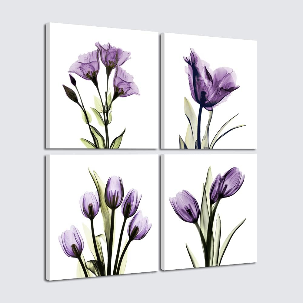 Pyradecor Elegant Purple Flickering Flower Canvas Prints Wall Art Grace Floral Pictures Paintings for Living Room Bedroom Office Home Decorations 4 Panel Modern Abstract Gallery Wrapped Giclee Artwork image number 3